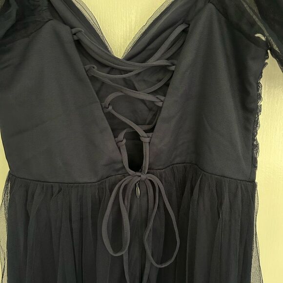 Lulus Glorious Chicness Navy Tulle Pleated Puff Sleeve Midi Dress Medium New - Picture 9 of 13